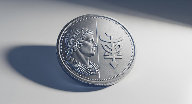 A close-up view of a silver coin featuring a profile and a symbol.