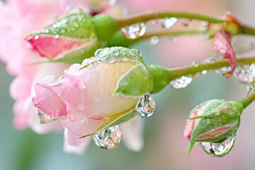 Delicate pink and yellow rose buds covered in glistening water droplets
