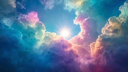 Fototapeta premium A vibrant sky filled with fluffy clouds illuminated by a bright sun creating a colorful atmosphere view