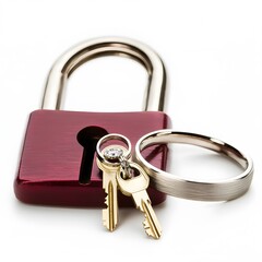 Red Padlock Keys Wedding Rings Closeup Studio Shot