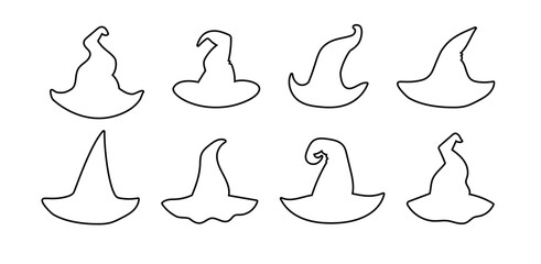 Fototapeta premium Black outlines of whimsical witch hats – distinct shapes perfect for Halloween decorations, costume designs, party invitations, and magical fantasy projects.