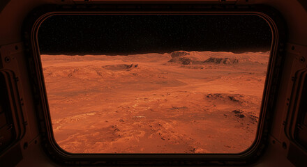 A breathtaking view of a vast, reddish-brown expanse, possibly a desert or barren terrain, framed by a dark, rectangular opening suggesting an observation point or window.