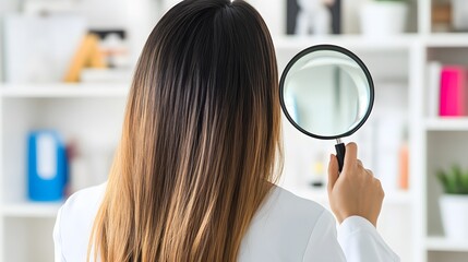 Woman Examining Hair with Magnifying Glass Back View