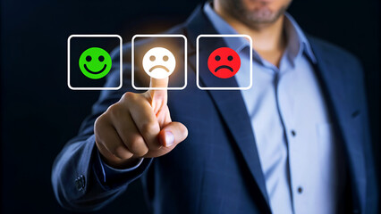 Businessman selecting a neutral feedback option on a digital interface, indicating average customer satisfaction with the service or product