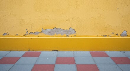 Crumbling yellow wall meets red/gray checkered tiles at the base
