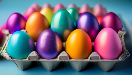 vibrant easter eggs a carton displays a spectrum of vividly colored eggs each egg is an emblem of spring anticipation and the spirit of easter
