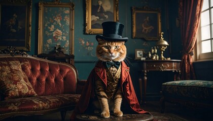 A ginger cat dressed in vintage attire in an elegant room
