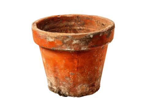 Old terracotta flower pot weathered rustic garden decor, Isolated On White Background, Png Transparent
