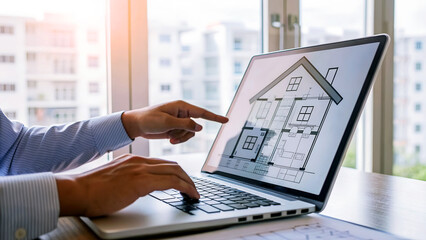 A person pointing at a laptop screen displaying a house blueprint, showcasing architectural design and real estate planning for property development
