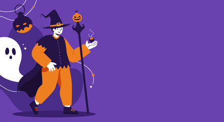 Modern flat illustration of a witch with a staff and a ghost, celebrating Halloween on a purple background with copy space. Perfect for holiday promotions.