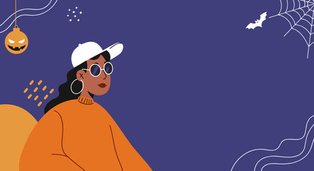 Modern woman with cap and sunglasses in a festive Halloween illustration. Perfect for seasonal events, social media, and autumn promotions.