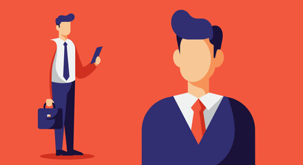 Vector illustration of a professional businessman using a smartphone and carrying a briefcase, ideal for corporate communication, technology, and career concepts.