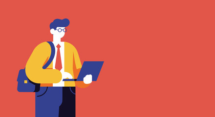 Young professional man, wearing glasses and carrying a messenger bag, works on a laptop. Ideal for business, technology, and freelance concepts.