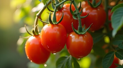 A close-up of plump, vibrant, red, fresh tomatoes, some split open to reveal their juicy pulp and seeds,