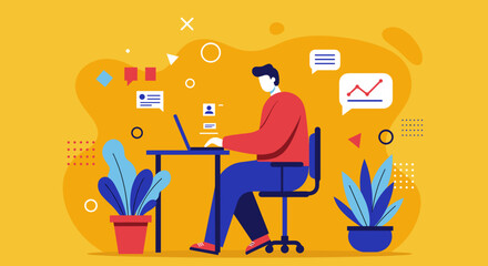 Person focused on work at a laptop, surrounded by abstract elements representing digital communication and data. Ideal for business, technology, or remote work concepts.