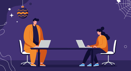 Two people working on laptops at a shared desk, embodying remote productivity during the holiday season or festive period. Ideal for business, technology, and lifestyle themes.