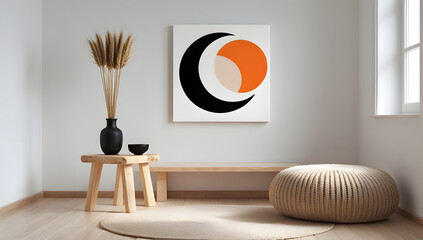 “Modern Minimalist Living Room with Abstract Wall Art, Wooden Stool, and Woven Pouf”