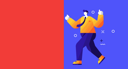 Energetic businessman illustration giving a thumbs up, representing success and a positive outcome in a modern, vibrant setting.