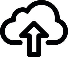 Minimalist black line icon representing a cloud upload symbol for data transfer and online storage, isolated on a white background. Simple vector graphic for web interface design