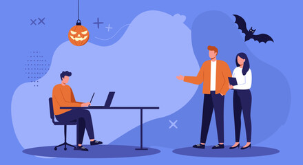 Colleagues collaborate in a festive office setting, working on laptops while engaging in discussion amidst Halloween decorations. Represents business, teamwork, and holiday spirit.