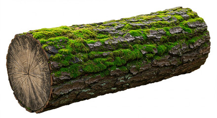 A close-up shot showcases a weathered log, its textured bark adorned with vibrant green moss, creating a striking contrast of colors and textures in natural light.
