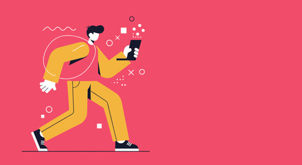 Modern flat design illustration of a person walking and engaging with a digital tablet on a vibrant background, symbolizing mobile communication and tech lifestyle.
