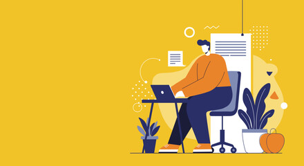 Professional illustration of a person working on a laptop at a desk, ideal for business, remote work, or online learning concepts.