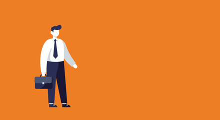 Professional businessman illustration with a briefcase, standing on an orange background with ample copy space. Ideal for business, career, and corporate themes.
