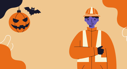 A worker in a safety vest and hard hat stands beside a hanging Halloween pumpkin and a flying bat. Combines workplace safety with festive holiday spirit. Suitable for seasonal industry themes.