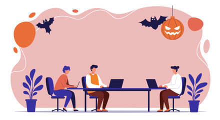 Colleagues collaborate on laptops in a contemporary office setting, subtly decorated with bats and a glowing jack-o'-lantern for Halloween. Ideal for seasonal business and teamwork.