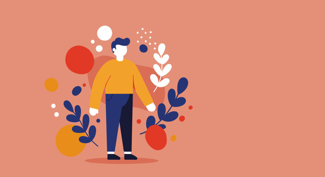 Minimalist illustration of a person surrounded by abstract natural elements, conveying calm, creativity, and modern lifestyle concepts. Ideal for web, business, or personal growth themes.