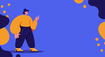 Stylized person pointing upwards on a vibrant blue background with abstract shapes, perfect for presentations, marketing, and highlighting information. Ideal for business and creative concepts.