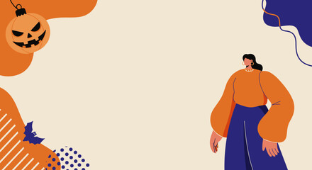 A vibrant Halloween-themed illustration featuring a stylish woman, a jack-o'-lantern, and a bat on an abstract background. Perfect for seasonal promotions.