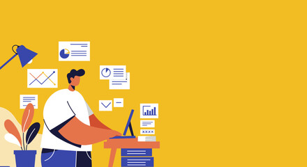 Obraz premium A focused person uses a laptop, surrounded by charts and documents, representing data analysis, productivity, and modern business operations.