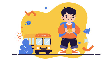 Cheerful young boy with a backpack standing by a school bus, symbolizing education, learning, and the exciting journey back to school. Ideal for children's development and academic themes.