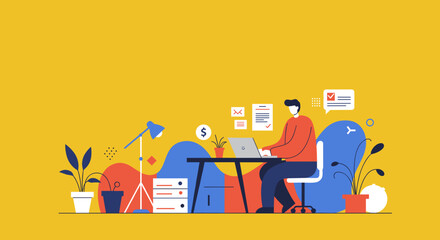 Professional illustration of a man working efficiently on his laptop in a modern home office. Ideal for remote work, business, productivity, and online education concepts.