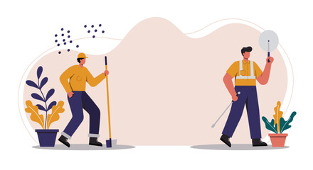 Two laborers working: one with a shovel, another directing traffic with a signal. Ideal for concepts of construction, road work, team, safety, or public service.