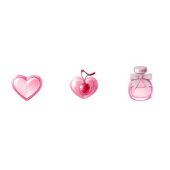 Fototapeta premium a pink heart-shaped button, next to an elegant perfume bottle with a cherry and ribbon on the cap, both set against a white background. 