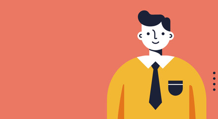 Friendly cartoon businessman illustration with a tie, smiling confidently against a clean coral background. Ideal for business, corporate, or professional concepts.