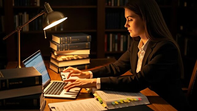 Law Student Studying Late at Night - A young female law student diligently studies legal statutes and takes notes on her laptop in a dimly lit library, surrounded by stacks of law books.
