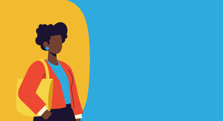 Confident Black woman illustration with a tote bag on a vibrant yellow and blue background, offering copy space. Perfect for diverse business, lifestyle, and marketing themes.