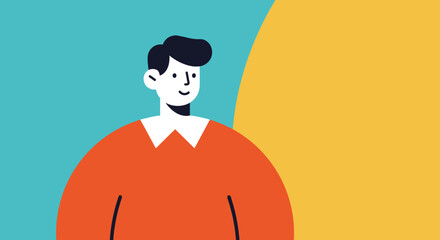 Cheerful minimalist illustration of a man with a friendly smile, set against a vibrant two-tone background. Ideal for modern digital design, user interfaces, or conceptual branding.