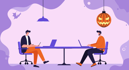 Two men working diligently in a festive office setting, adorned with Halloween decorations. Ideal for showcasing seasonal business and productive teams.