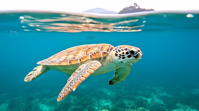 Sea Turtle Underwater - A majestic sea turtle gracefully swims through a vibrant underwater scene, its shell adorned with intricate patterns.