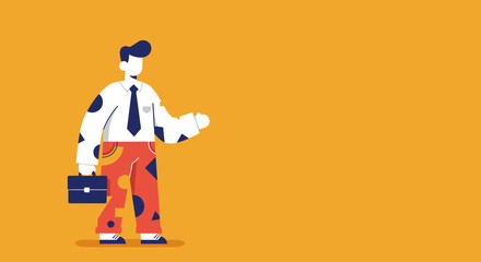 Flat design illustration of a professional businessman holding a briefcase, gesturing on a vibrant orange background. Ideal for business concepts, corporate communication, or career development.