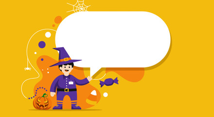 Happy child in witch costume with Halloween decorations like a pumpkin and candy. Blank speech bubble for festive messages, event promotions, or holiday greetings.