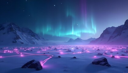 Futuristic data streams flowing across a dark background with neon purple and cyan hues, smooth and matte finish .