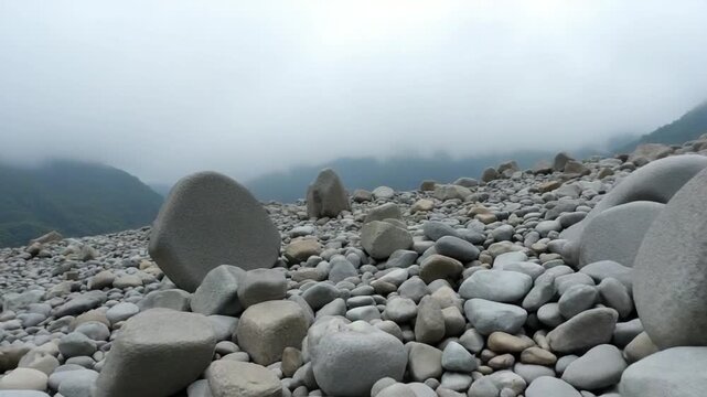 Huge stones, boulders and rocks shrouded in low clouds, Ergaki Natural Park