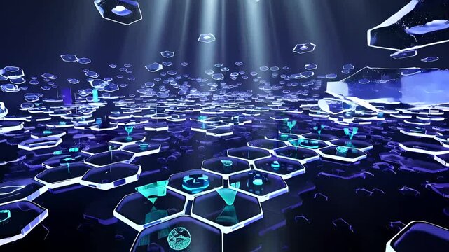 Futuristic Data Visualization: Abstract Technology Landscape with Hexagonal Platforms and Digital