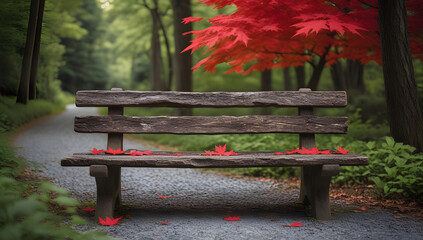 “Rustic Wooden Bench with Red Maple Tree and Scattered Leaves in Peaceful Forest Path”
